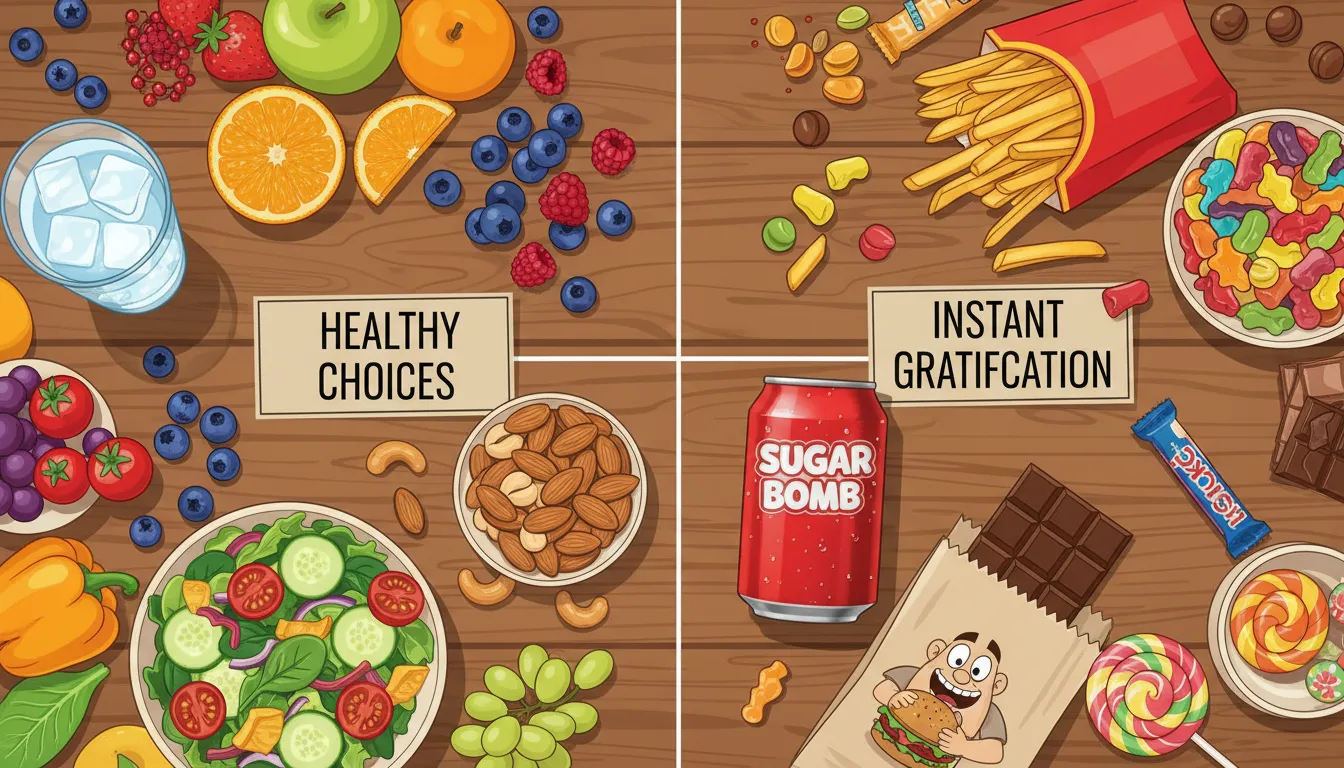 Mesa dividida entre alimentos saudáveis e ultraprocessados, ilustrando escolhas que afetam a energia.