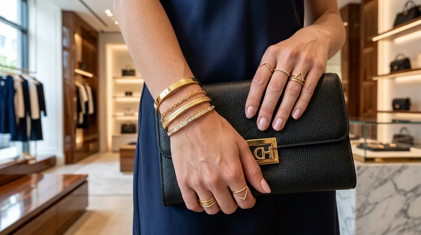 Braceletes e aneis modernos em close detalhado das bazaar weekly novidades semana.