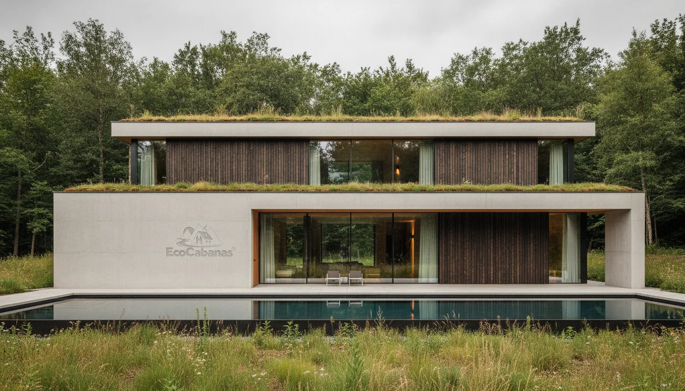 Fachada de casa de campo contemporânea, linhas limpas, telhado verde, concreto e madeira, integrada à floresta.