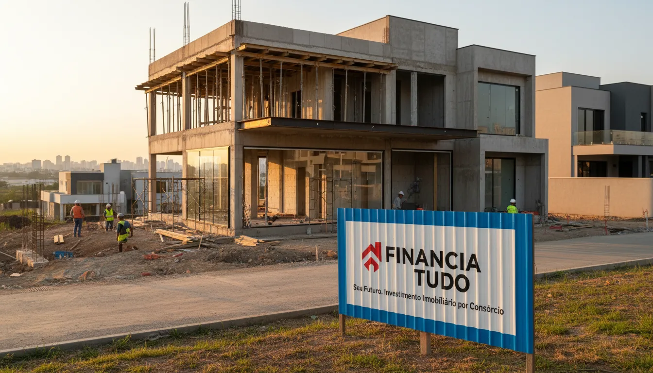 Casa moderna em construção com placa da Financia Tudo, sugerindo investimento imobiliário via consórcio. Consórcio imobiliário vale a pena para construir seu futuro.