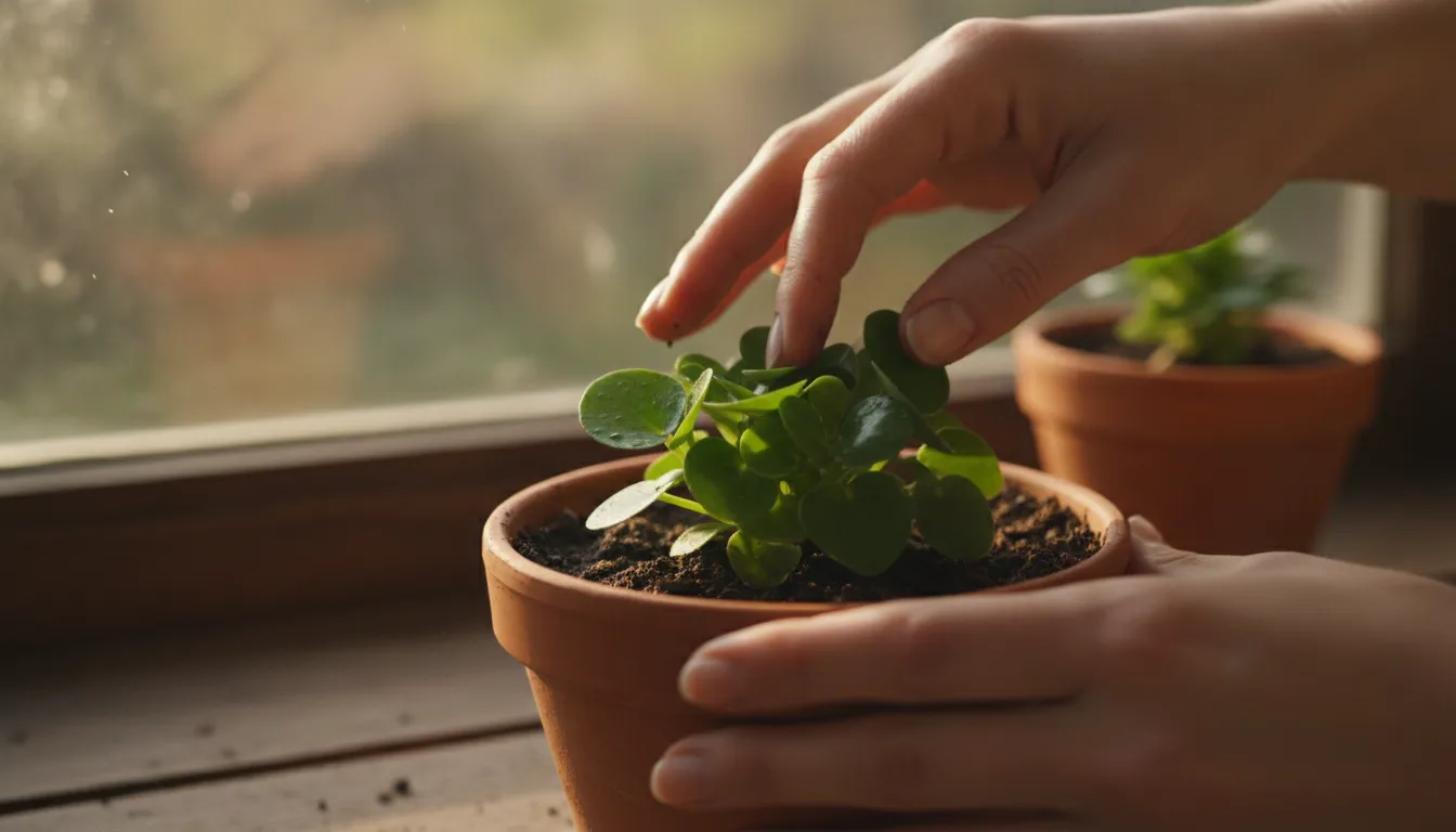 Mãos cuidando de planta, simbolizando foco e atenção plena. A terapia online pode guiar para uma mente mais presente.
