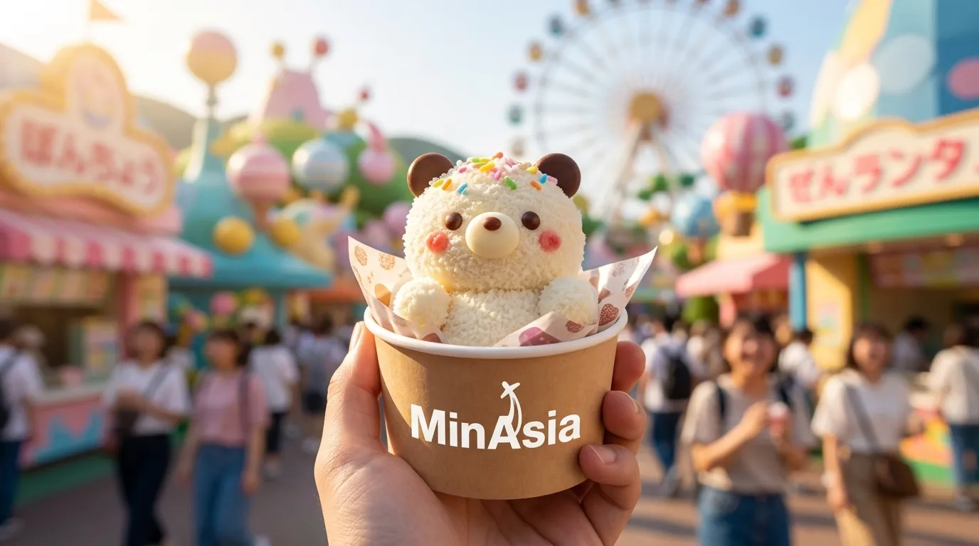 Doce temático em formato de personagem no parque Disney Tóquio com fundo desfocado.