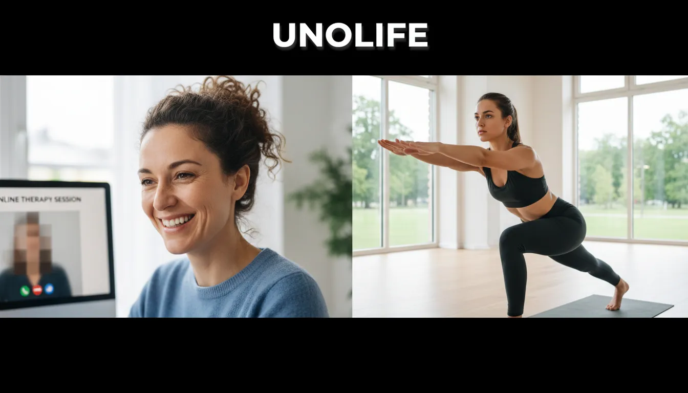 Tela dividida mostrando terapeuta sorrindo durante sessão online e cliente fazendo pose de yoga com determinação. Unolife oferece yoga online acessível.