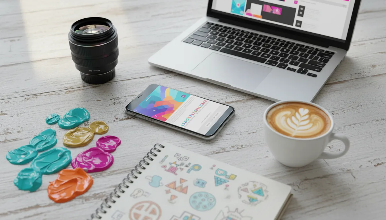 Elementos criativos para Instagram Ads: smartphone com anúncio, câmera, tintas, sketchbook e laptop.