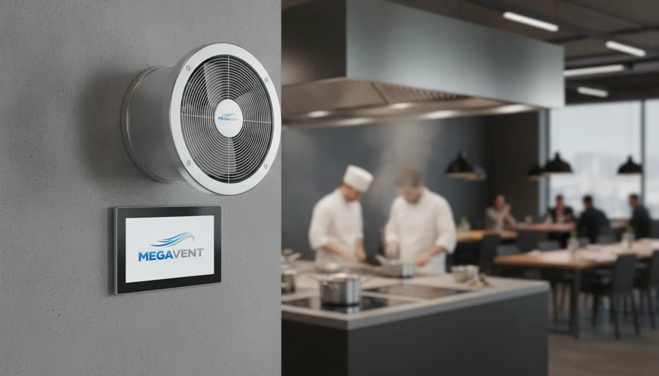 Ventilador de parede industrial MegaVent em cozinha comercial, proporcionando ventilação localizada e conforto.