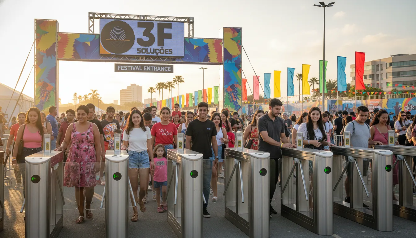 Pessoas acessam festival ao ar livre com catracas. Locação de catracas em Fortaleza para eventos grandes.