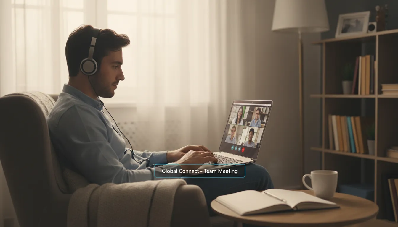 Homem participando de atendimento psicológico online, concentrado e em ambiente confortável.