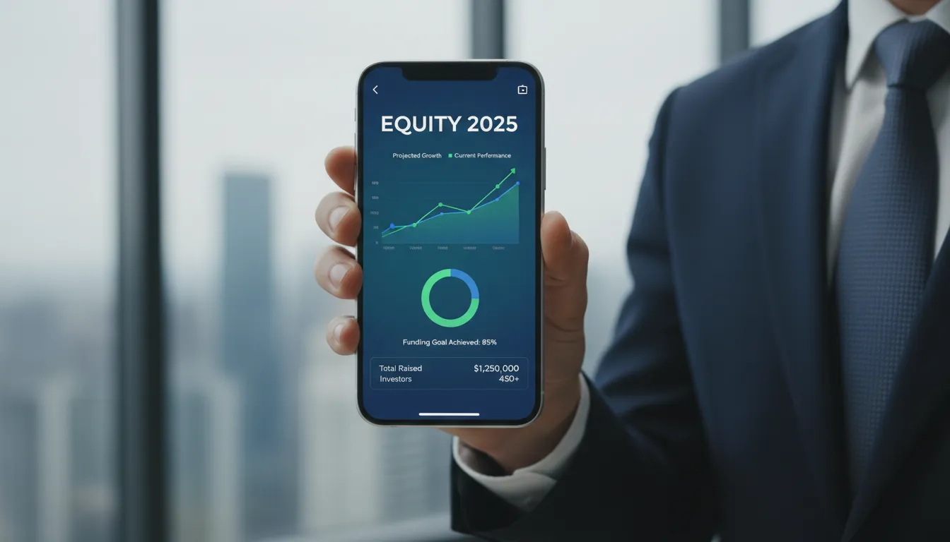 Um smartphone mostrando um aplicativo de investimento em crowdfunding equity com estatísticas de crescimento e o logo da NanoInc..