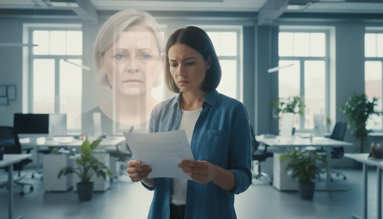 Adulto hesitando em ambiente de trabalho, com imagem sutil de pais, representando a dificuldade de autonomia.