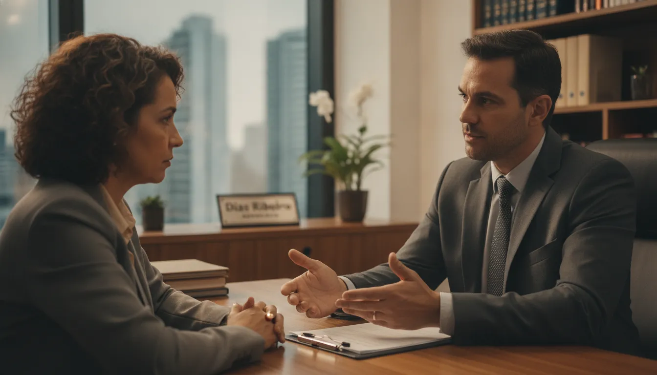 Advogado em Lençóis Paulista conversa com cliente sobre ação contra plano de saúde, oferecendo suporte jurídico.