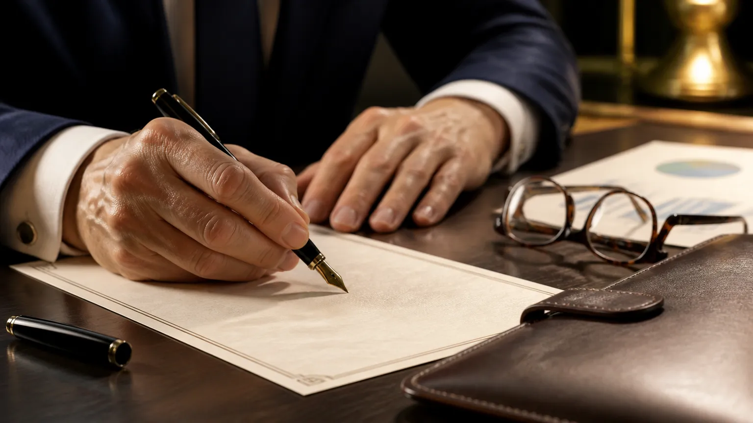 Assinatura de contrato jurídico para estruturação segura de trust americano no exterior.