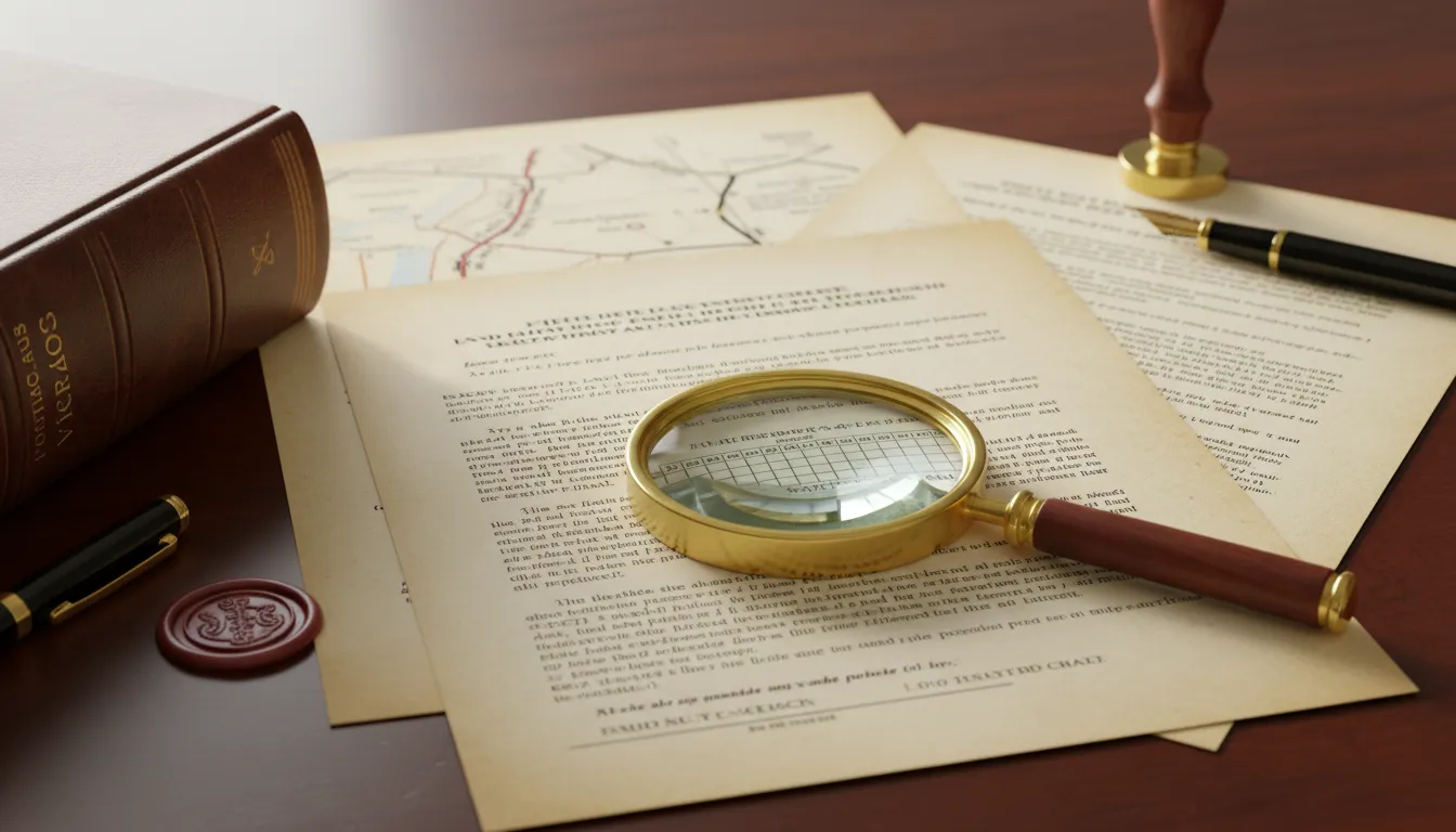 Detalhe de documentos legais sobre litígios de Demarcação e Estremação de Imóveis, com lupa e livro de leis.