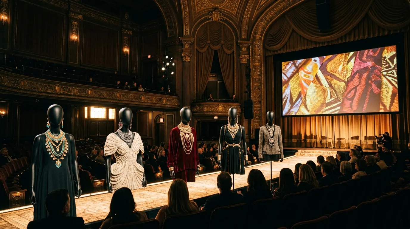 Exposição elegante unindo cinema e moda brasileira destacando acessórios e trajes atemporais.