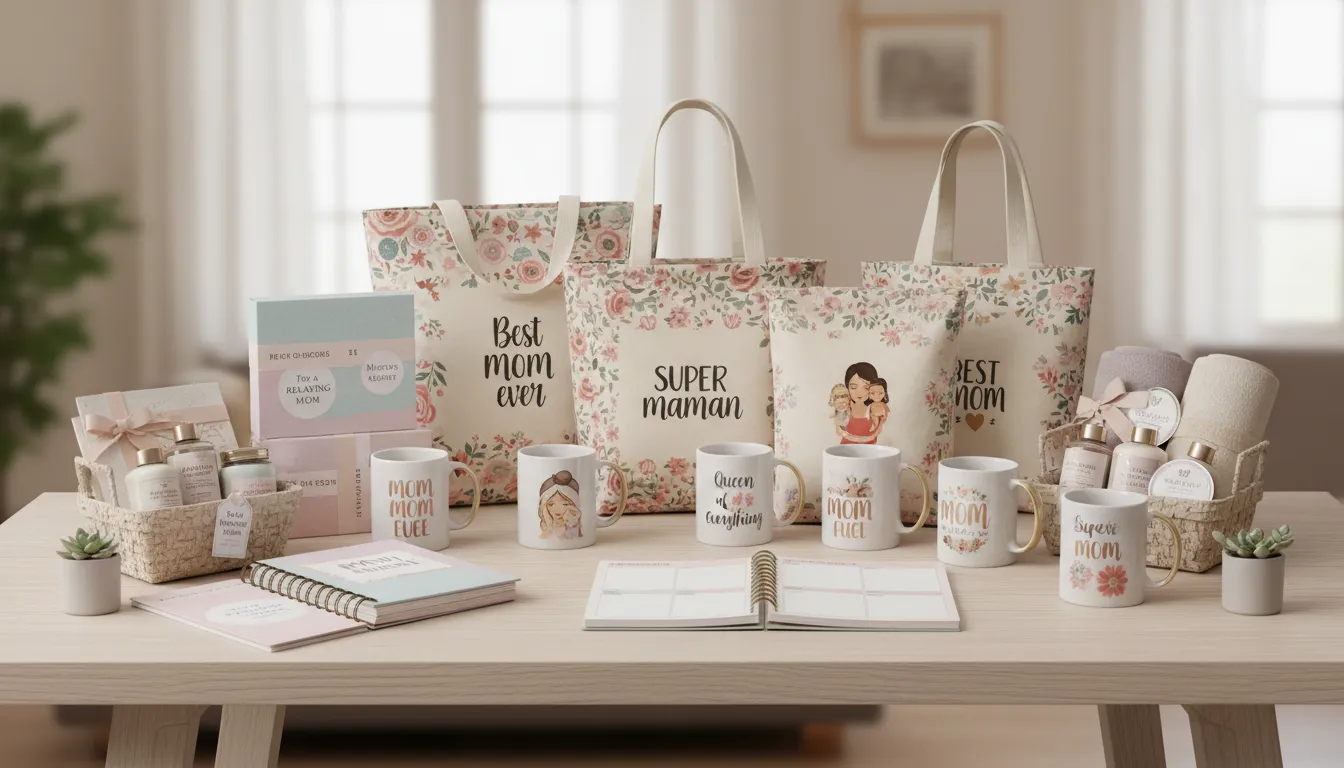 Brindes personalizados variados para o Dia das Mães organizados em uma mesa.