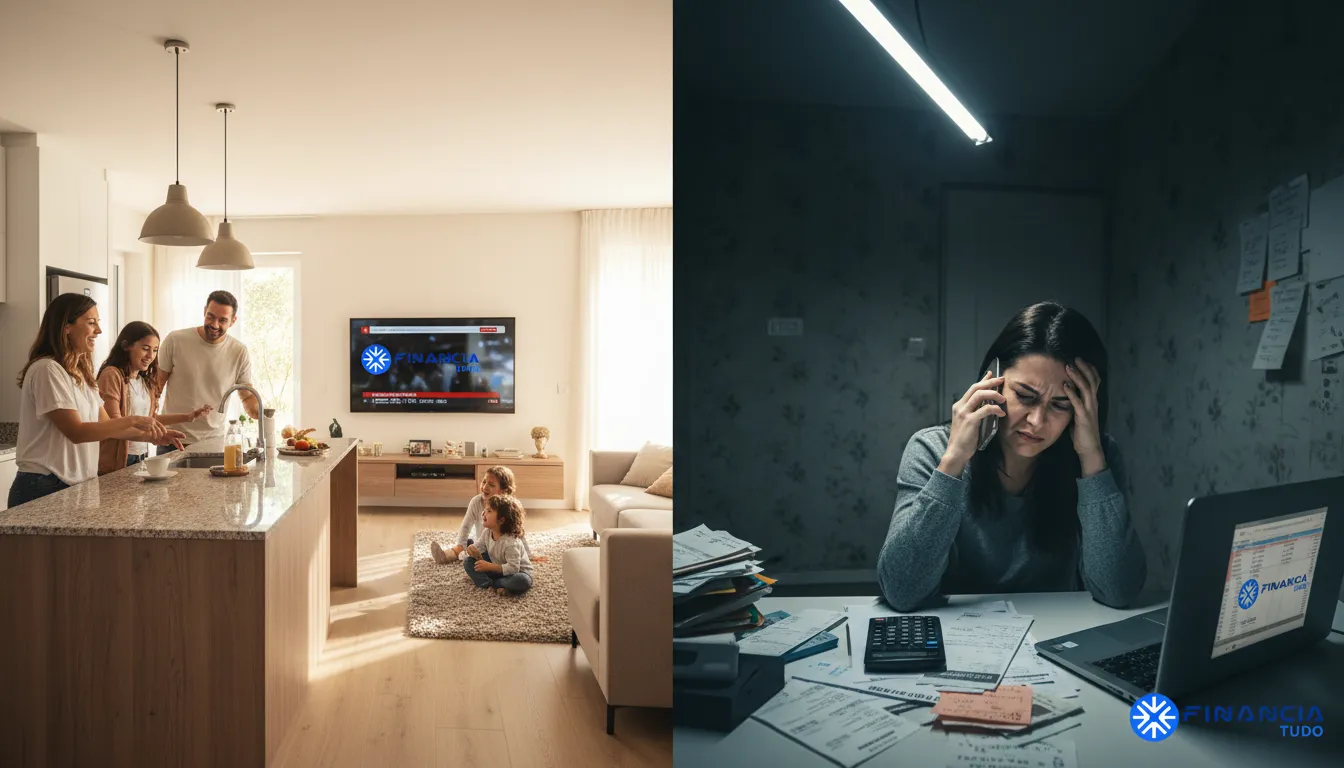 Imagem dividida mostrando benefícios e riscos do home equity: família feliz x pessoa endividada.