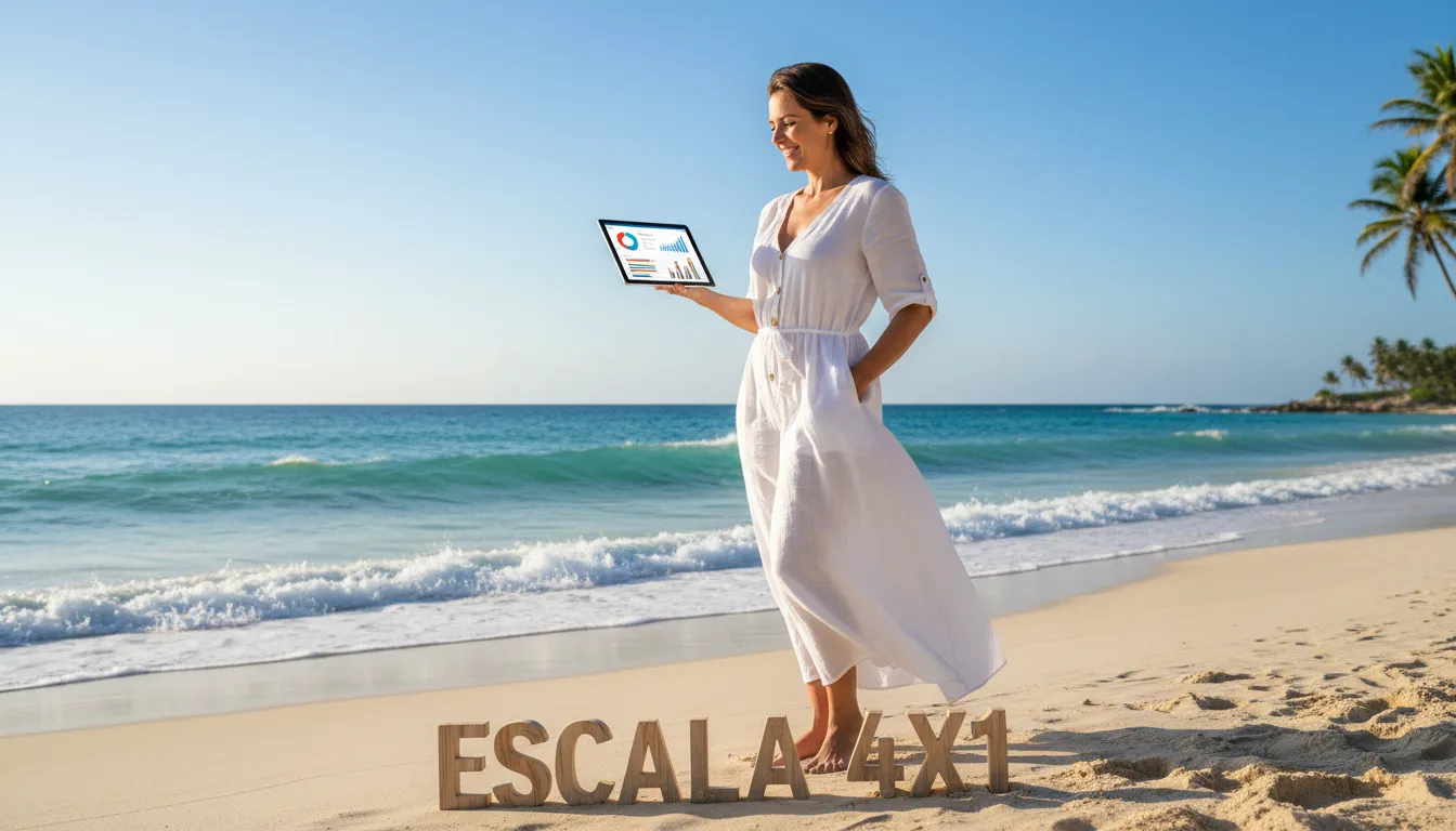 Empresário relaxado na praia, monitorando seus negócios remotamente, demonstrando o conceito do webinar sobre 'O que é Webinar' e escala.