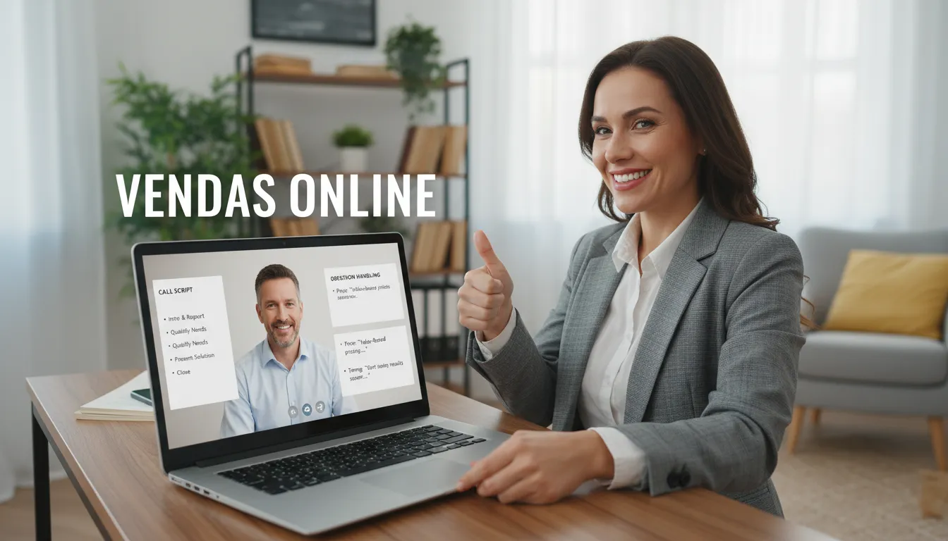 Um vendedor fechando um negócio com sucesso durante uma videochamada, usando scripts do playbook de vendas. Padronize seus processos de vendas e o onboarding comercial.