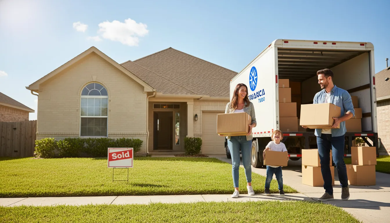 Família se mudando para a nova casa, conquistada com financiamento imobiliário entrada baixa, com placa de 'Vendido' no jardim.