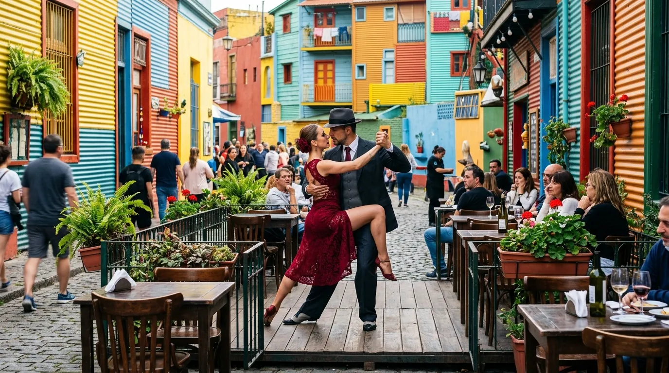 Dançarinos de tango em Caminito La Boca mostrando a cultura e o que fazer em Buenos Aires.