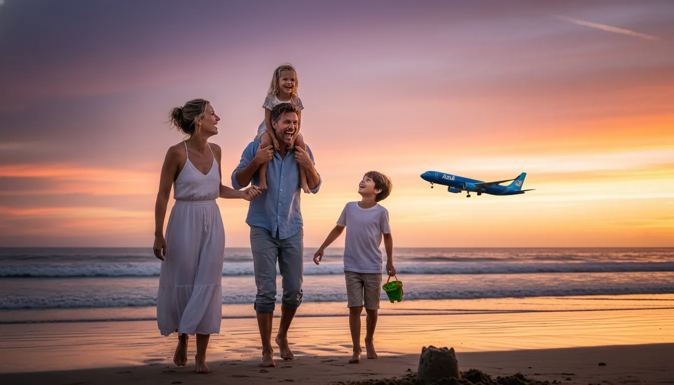 Família feliz na praia ao pôr do sol, com avião da Azul ao fundo, simbolizando recompensas do programa TudoAzul.