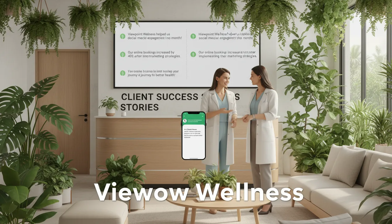 Recepção de clínica wellness com depoimentos de clientes e mensagem automática whatsapp business no smartphone. Destaque para Viewpoint e resultados.