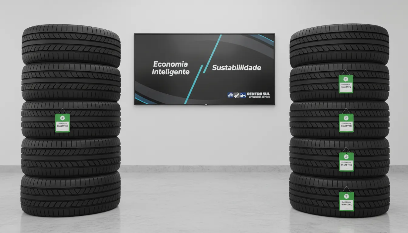 Pneus novos e remoldados de alta qualidade e com certificação Inmetro, simbolizando economia e segurança. Entenda o geometria automotiva preço.