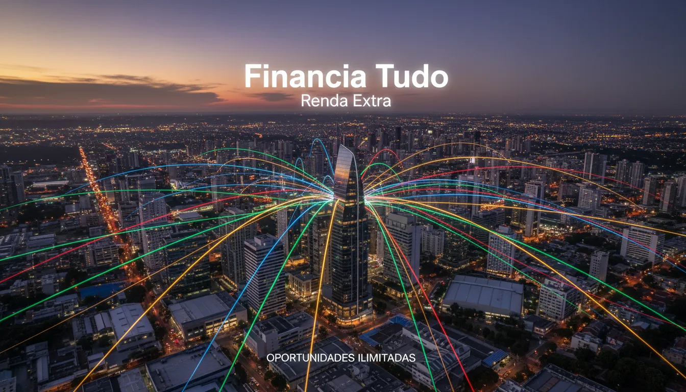 Uma cidade ao entardecer com luzes representando oportunidades de renda extra online, conectadas a um hub financeiro central: a Financia Tudo, sua parceira em soluções financeiras.