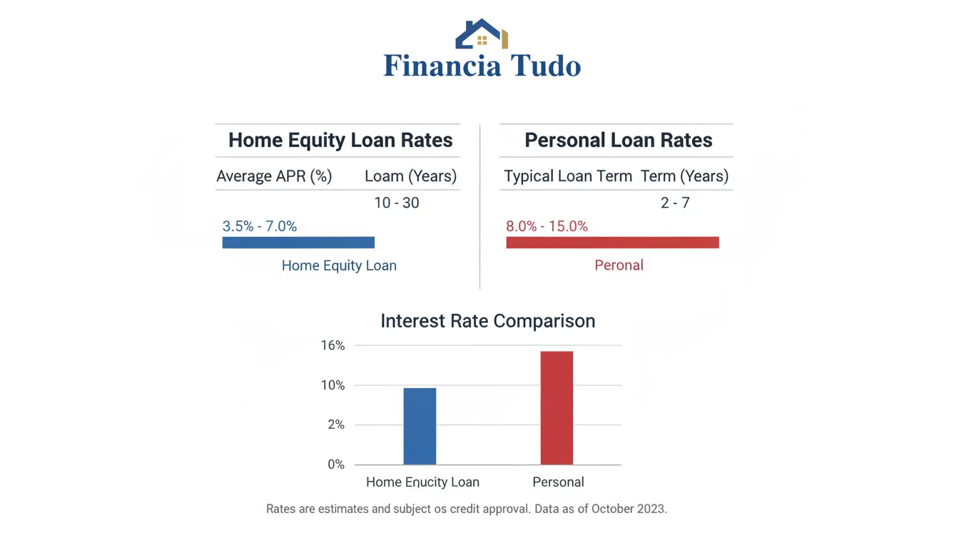 Tabela comparativa detalhada das taxas de home equity versus empréstimo pessoal, apresentada pela Financia Tudo.