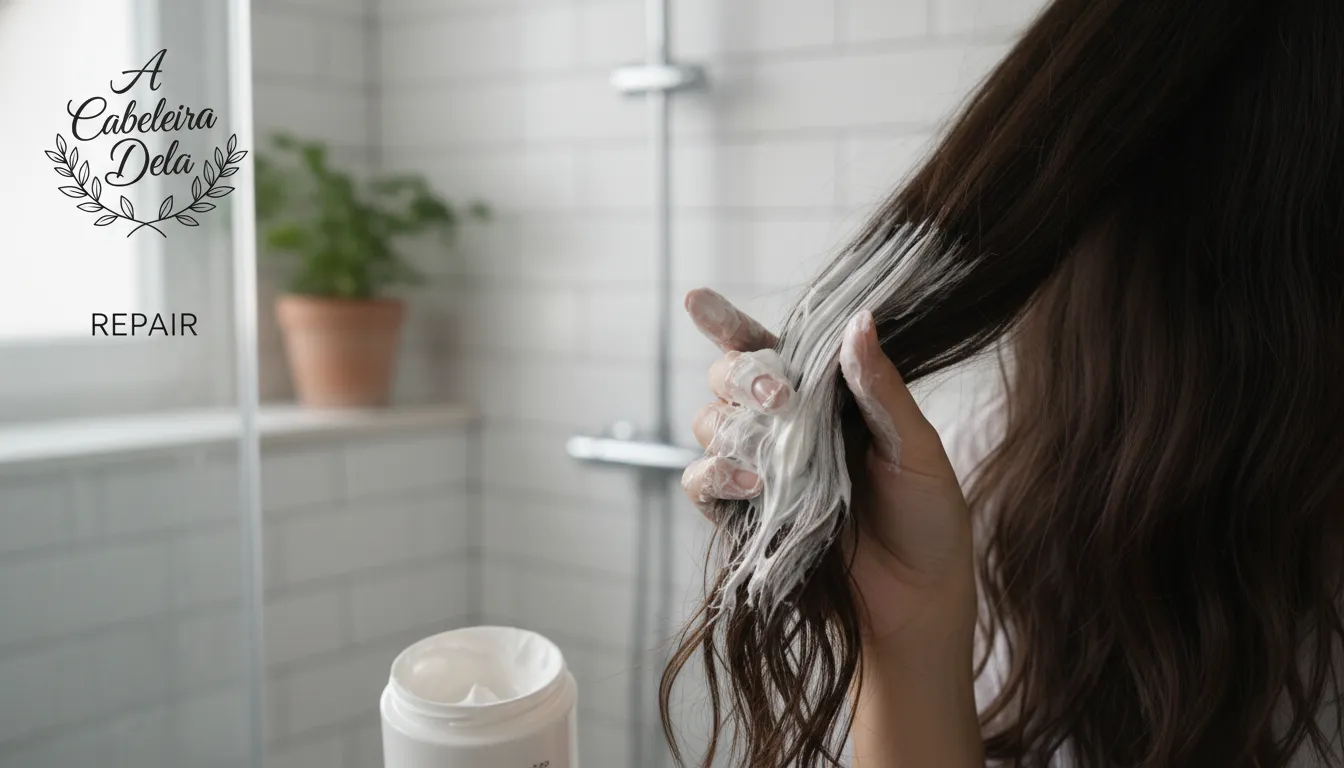 Mão feminina aplicando máscara capilar nas pontas espigadas do cabelo para tratamento intensivo.