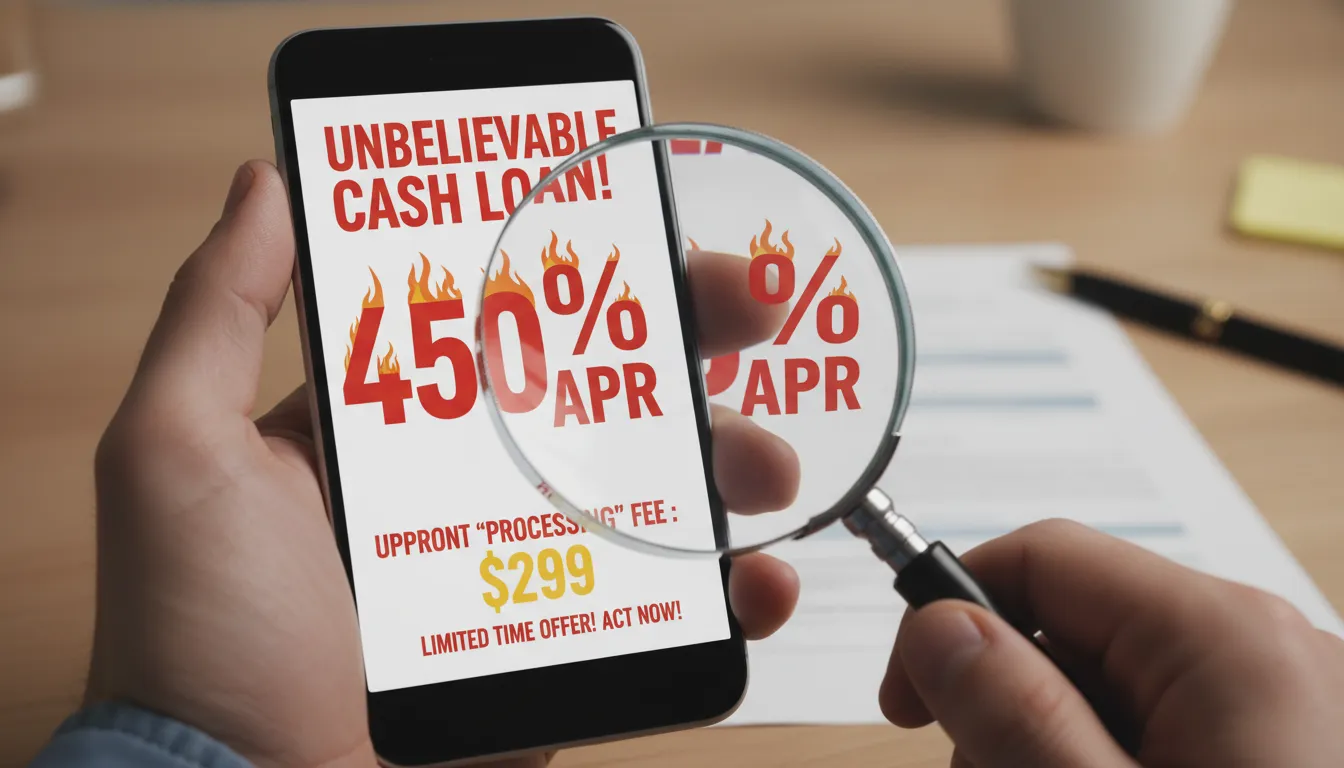 Um smartphone mostra uma oferta suspeita de empréstimo online com taxas de juros altas e pedidos de taxas adiantadas, simbolizando os riscos.
