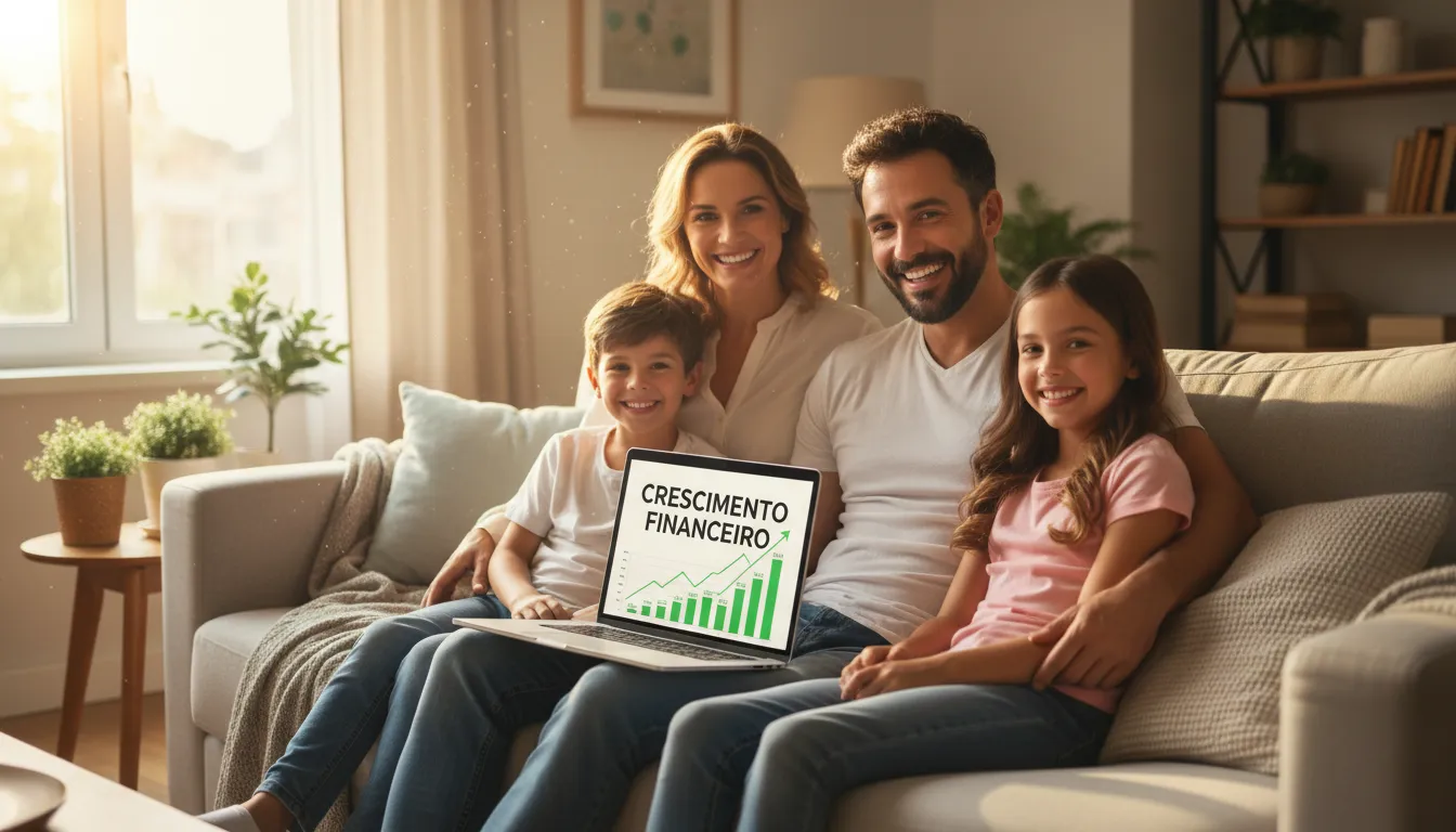 Família tranquila celebrando melhora na vida financeira após regularizar situação de nome sujo.