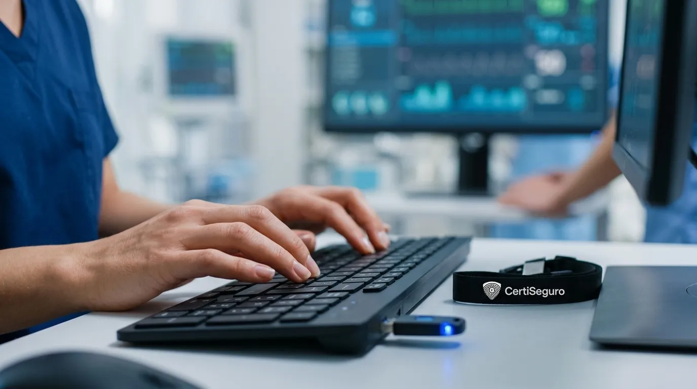 Enfermeira acessa sistema de saúde usando token de certificado digital cofen em computador de hospital.