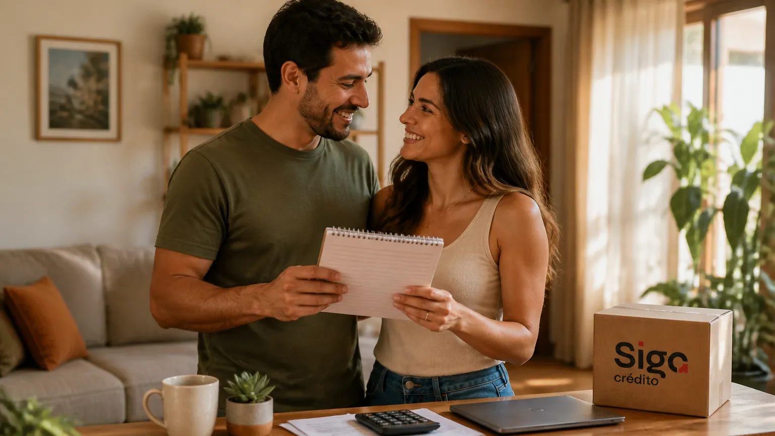 Casal sorrindo aliviado após organizar como dividir as contas no casal sem brigas na rotina.