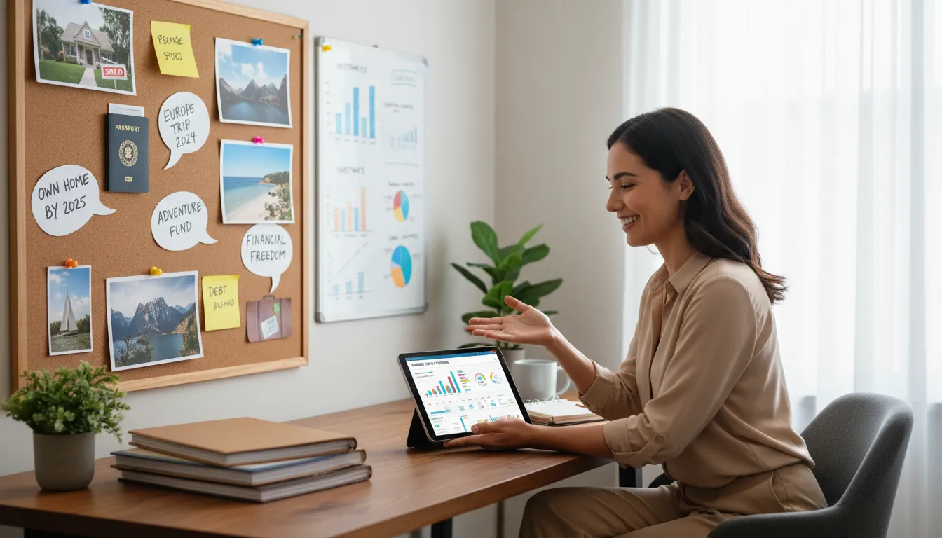 Mulher analisando suas finanças pessoais e metas alcançadas com organização e confiança em casa.