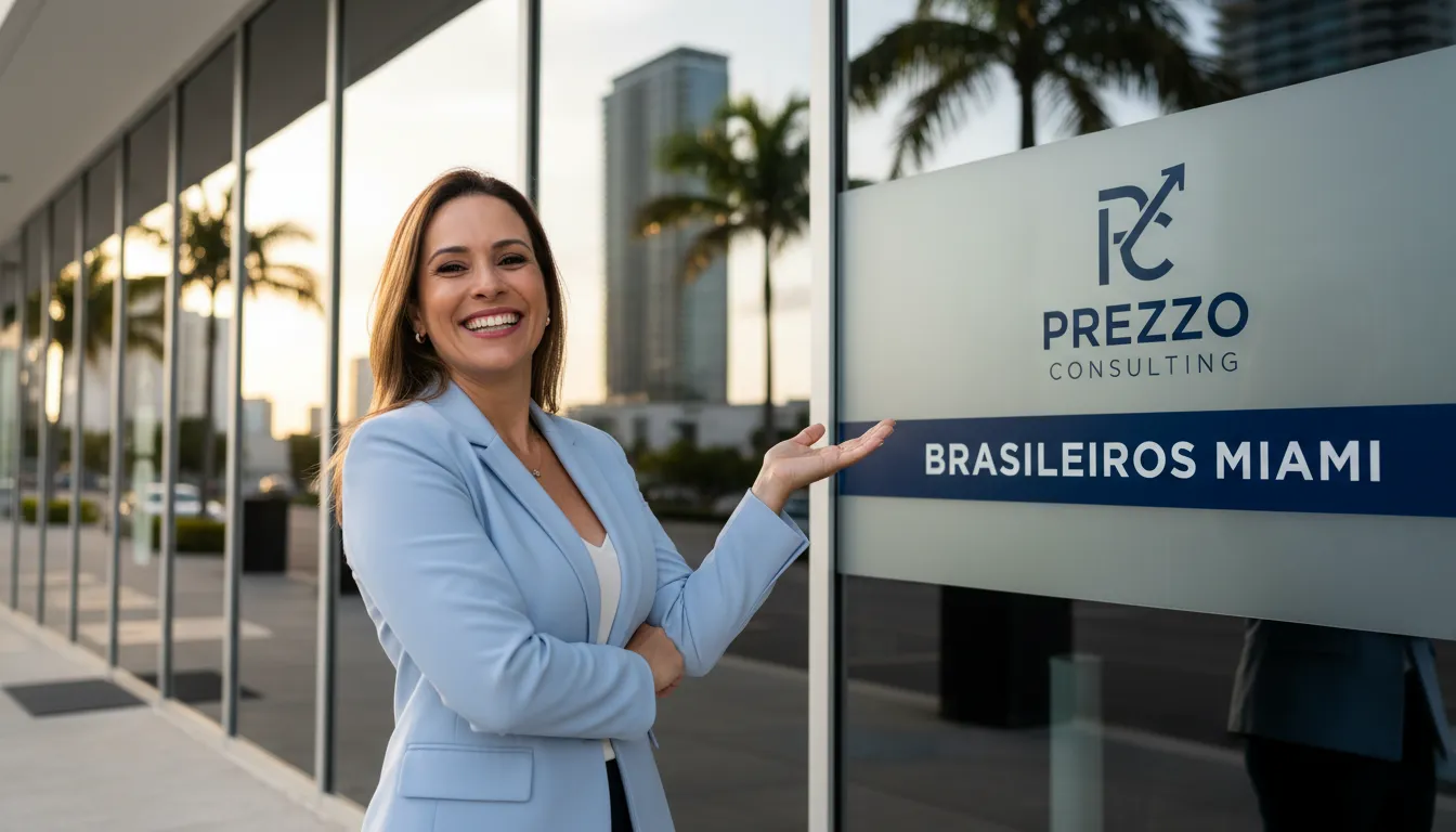 Empreendedor brasileiro sorrindo em frente ao seu negócio em Miami, com o apoio do Escritório de Contabilidade para Brasileiros, Prezzo Consulting.