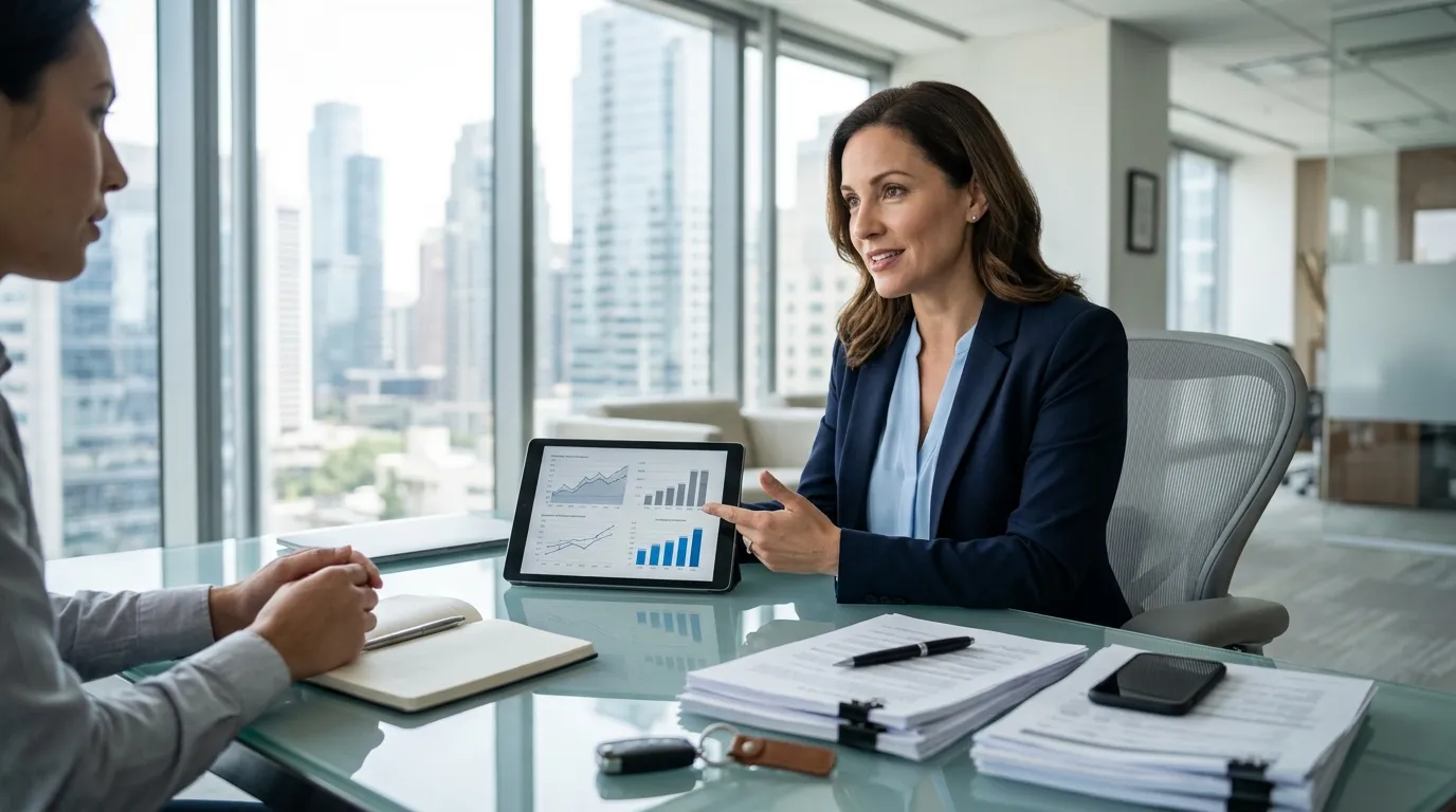 Consultor orientando cliente a comparar refinanciamento de veículo com segurança.
