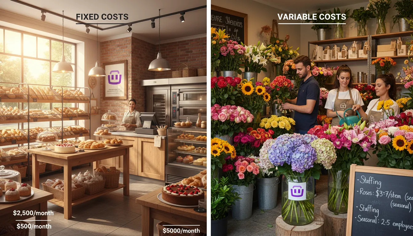 Comparativo fotorrealista dos custos: padaria com custo fixo e floricultura com custo variável.