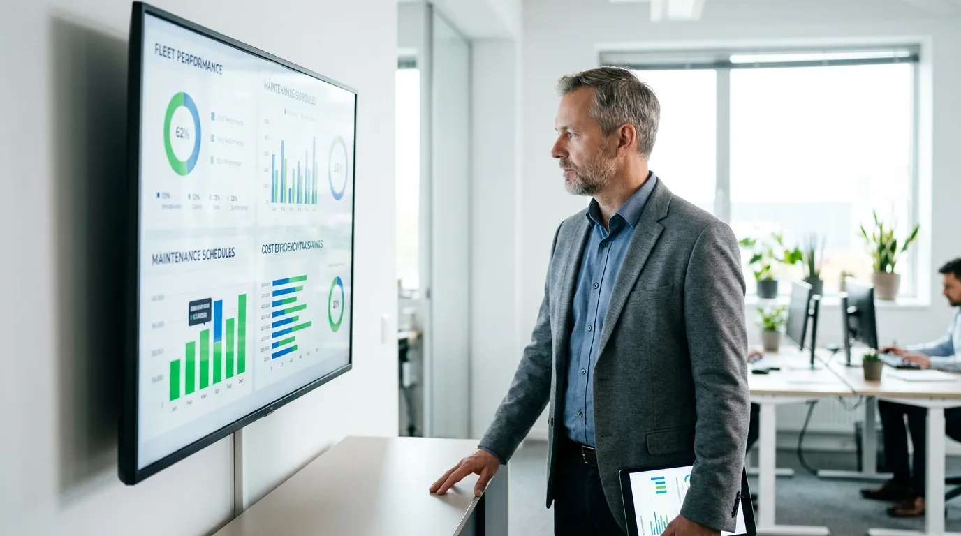 Gestor analisa indicadores de manutencao de frota e custos operacionais em painel digital.