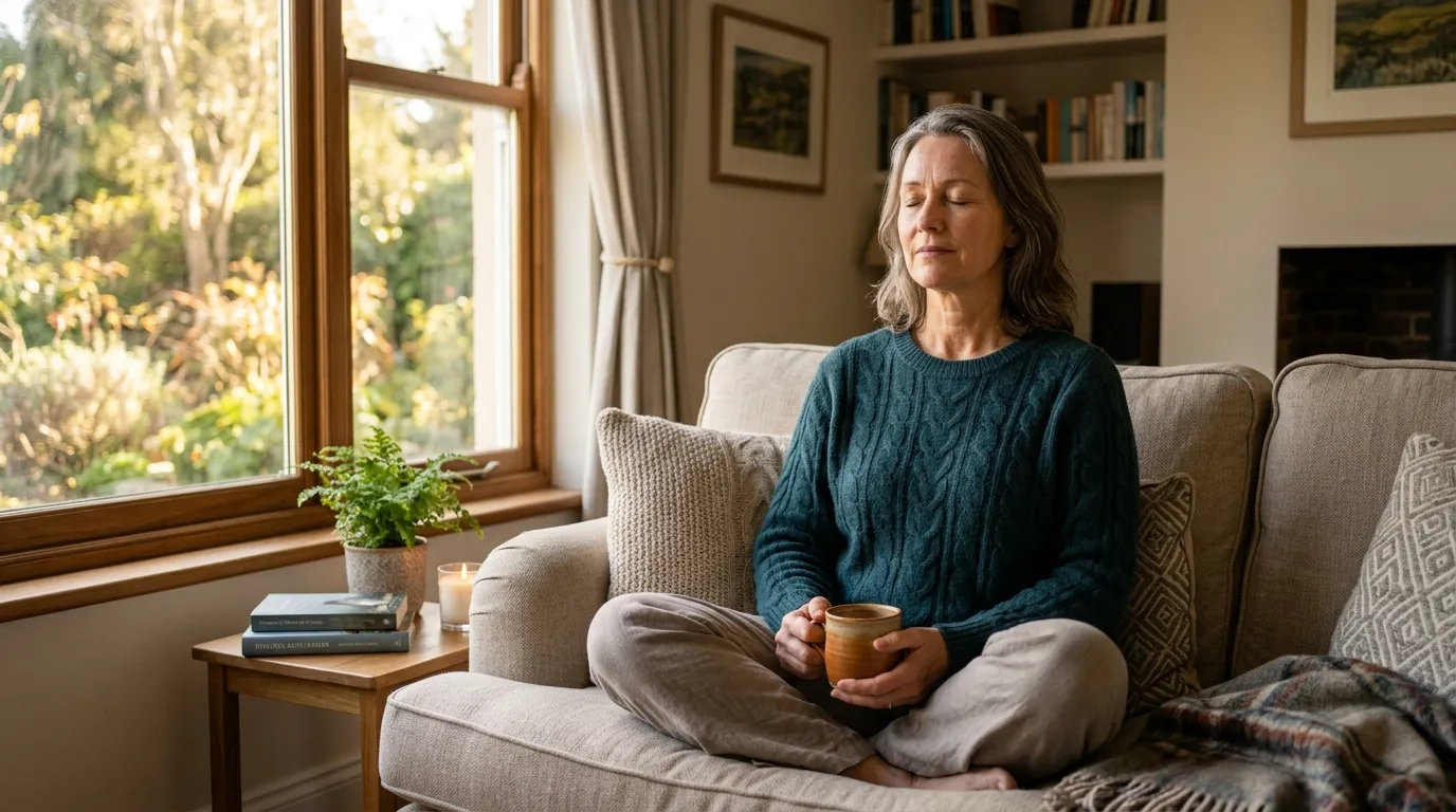 Educadora meditando em casa cuidando da saude mental de professores no cotidiano.