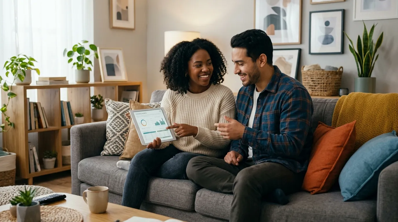 Casal calculando juntos quanto posso gastar por mês para manter orçamento equilibrado.