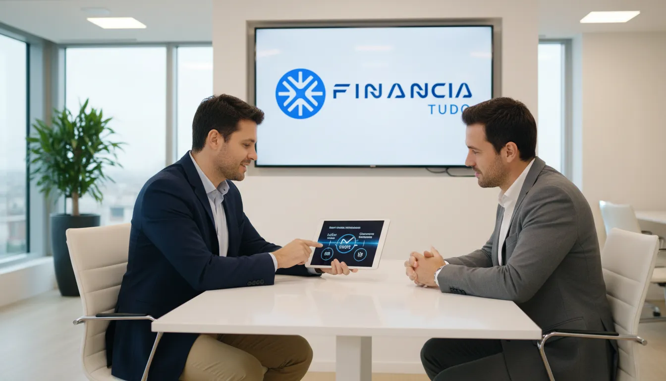 Especialista da Financia Tudo orientando cliente sobre as melhores opções de quitação antecipada de empréstimo.