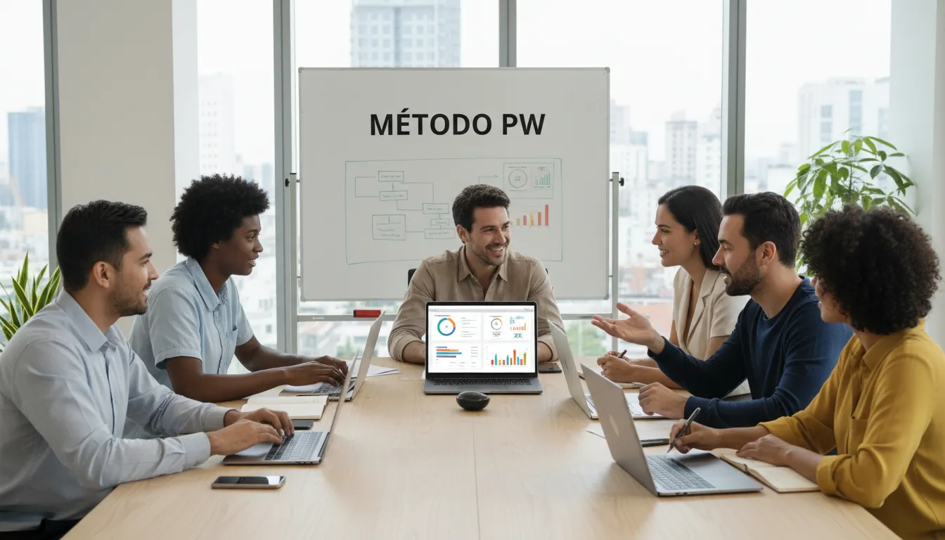 Estratégia de marketing digital colaborativa para ajudar negócios aparecer chatgpt gemini. Equipe focada e dashboards com KPIs.