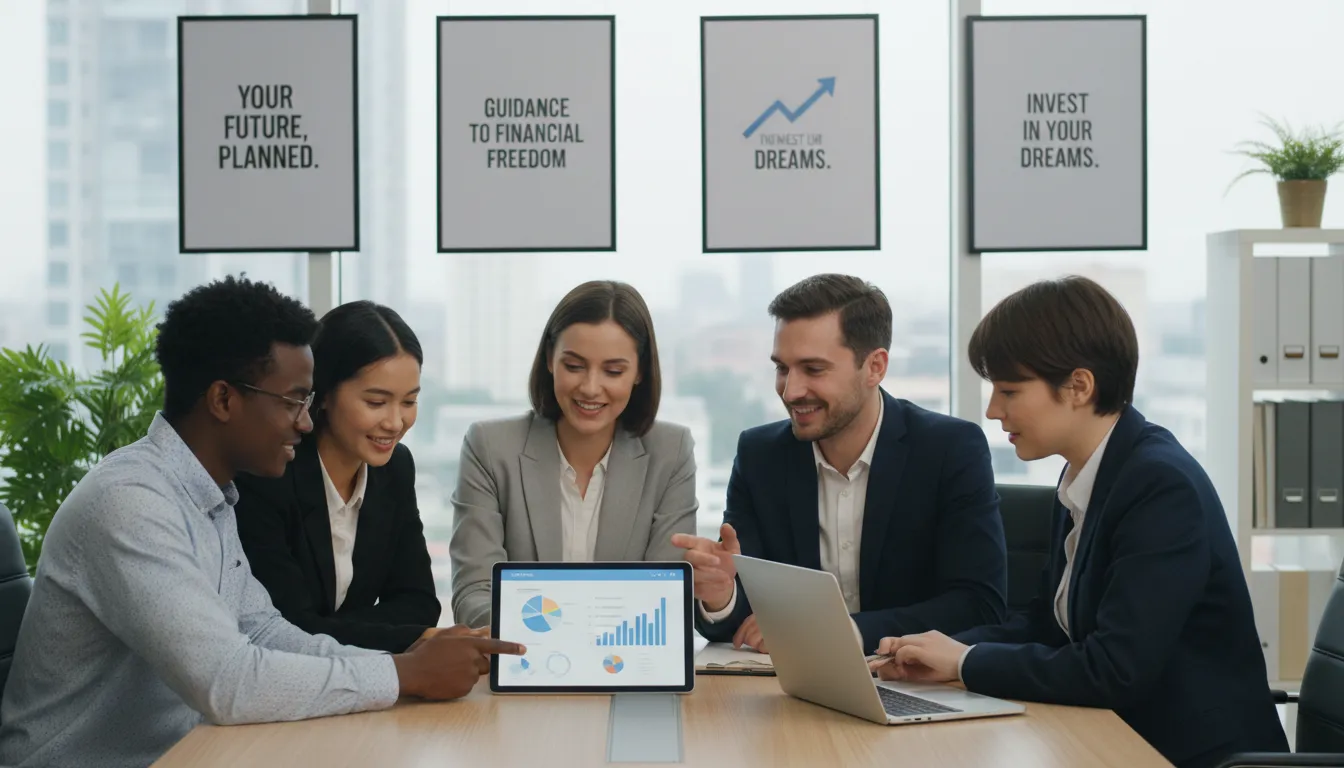 Grupo reunido discutindo planos financeiros e simulando investimentos com orientação especializada.