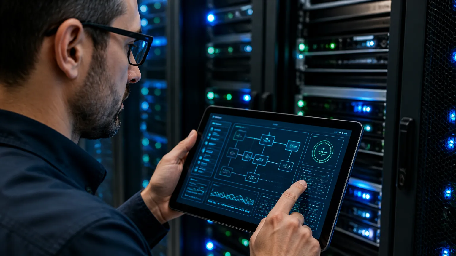 Especialista aplicando plano de continuidade de negócios em centro de processamento de dados