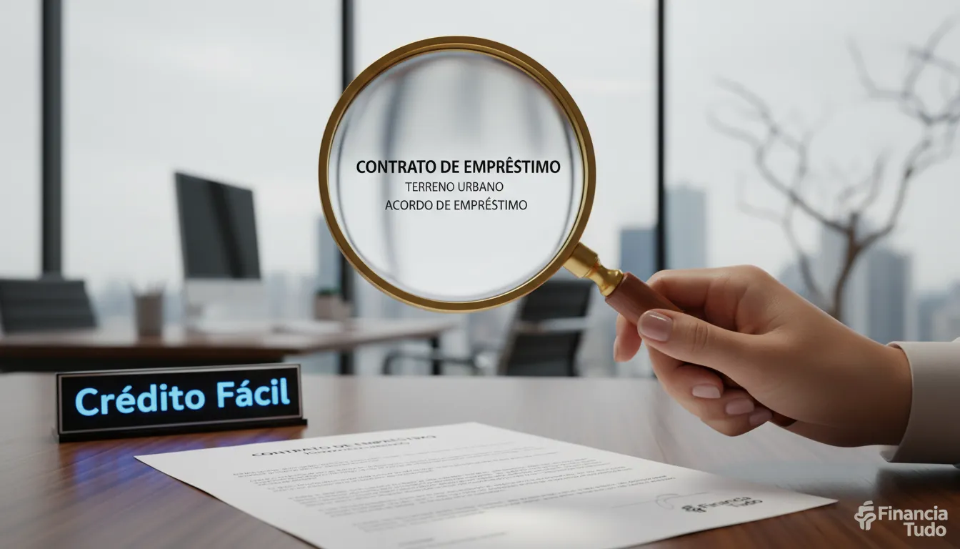 Close-up de um documento imobiliário com lupa, destacando a facilidade de um empréstimo com terreno urbano em garantia, com a Financia Tudo.