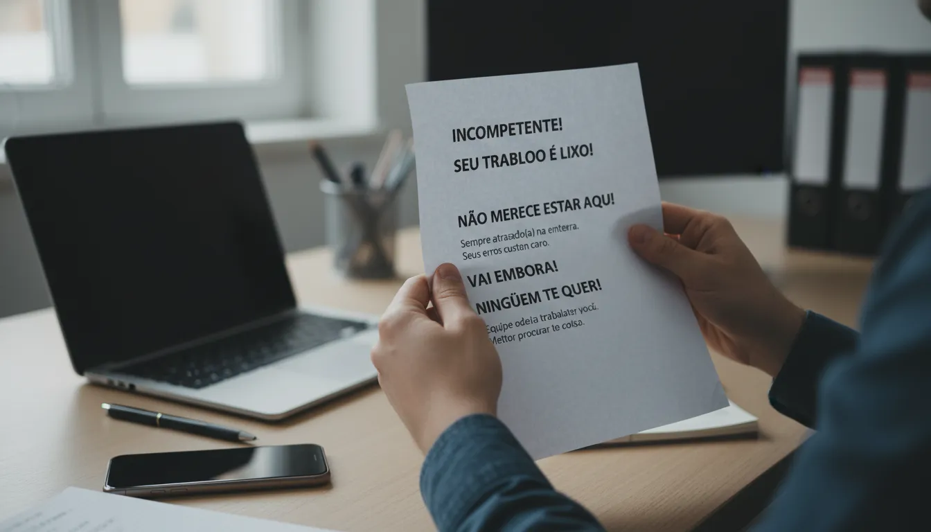 Mãos segurando provas de assédio moral em mesa de trabalho, simbolizando coleta de evidências.