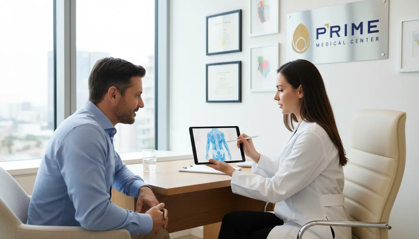 Consulta médica com foco na falta de libido masculina, onde o médico explica as opções de tratamento e causas ao paciente, transmitindo confiança.