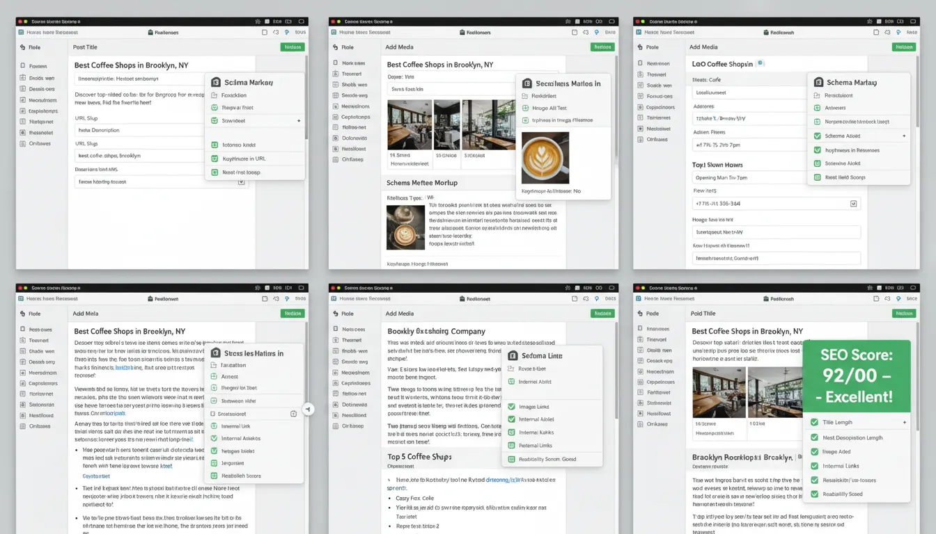 Checklist de SEO On-Page para Posts de Blog em 2026 3 Montagem exibindo otimização prática de post, com título, meta, url, imagens, esquema e links em destaque