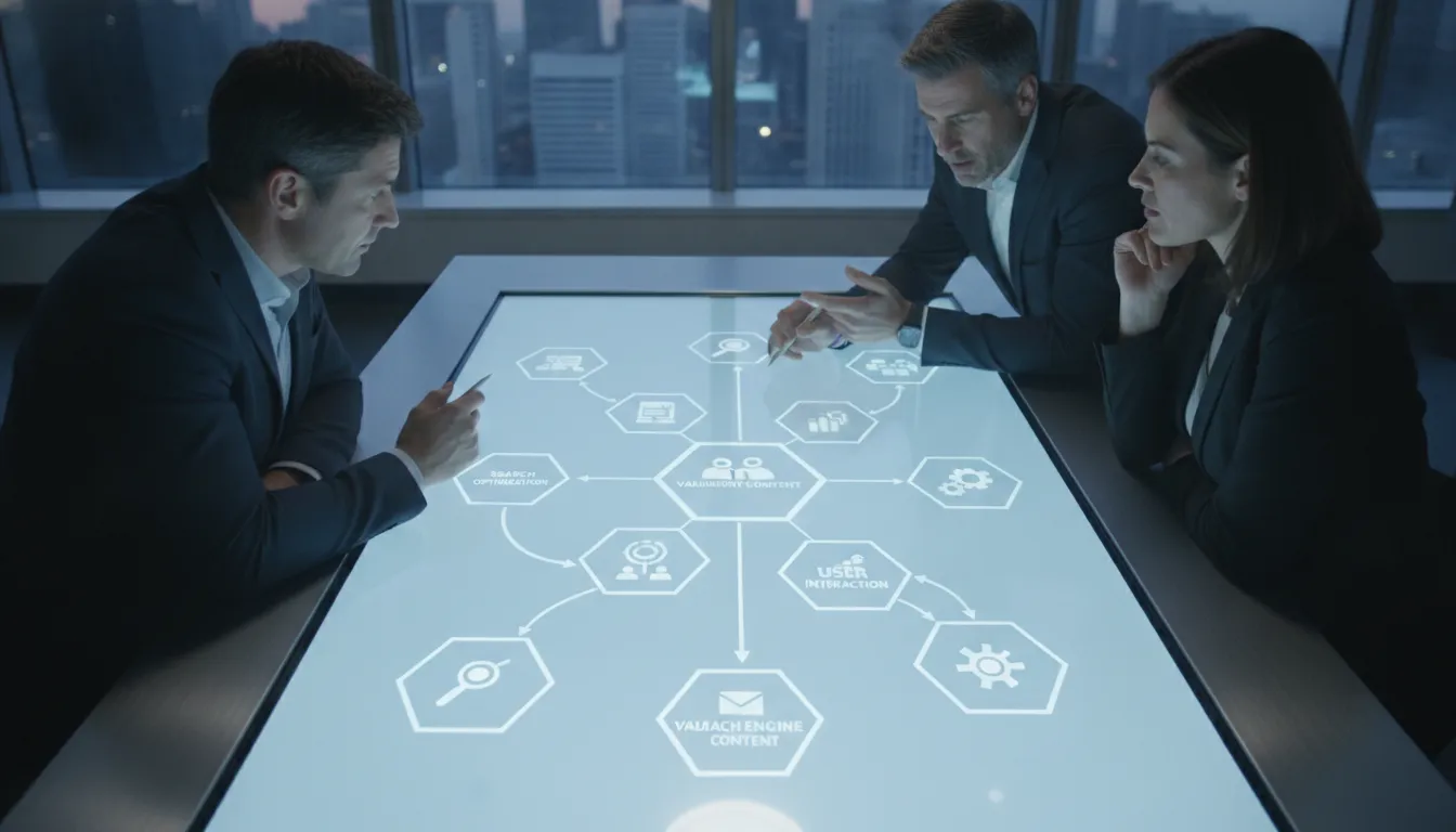 Diagrama digital mostra estratégia SEO, conteúdo valor e aquisição clientes, superando influenciador digital.