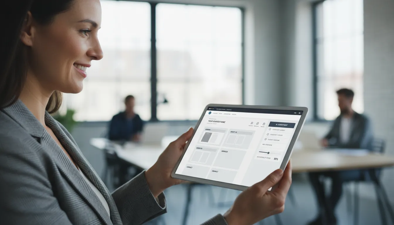 IA para Criar Sites: Vale a Pena? Análise Honesta 2026 1 Empresário revisando site criado por IA em tablet, transmitindo facilidade e acessibilidade.